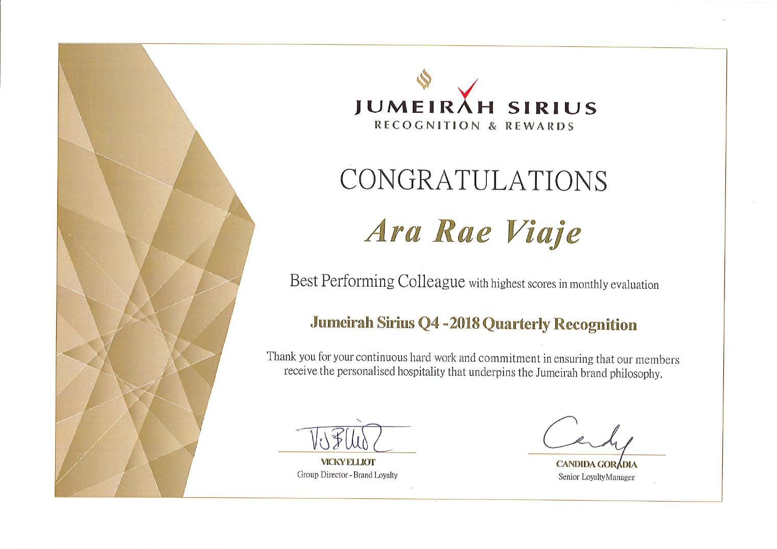 Jumeirah Sirius Q4 · 2018 recognition certificate
