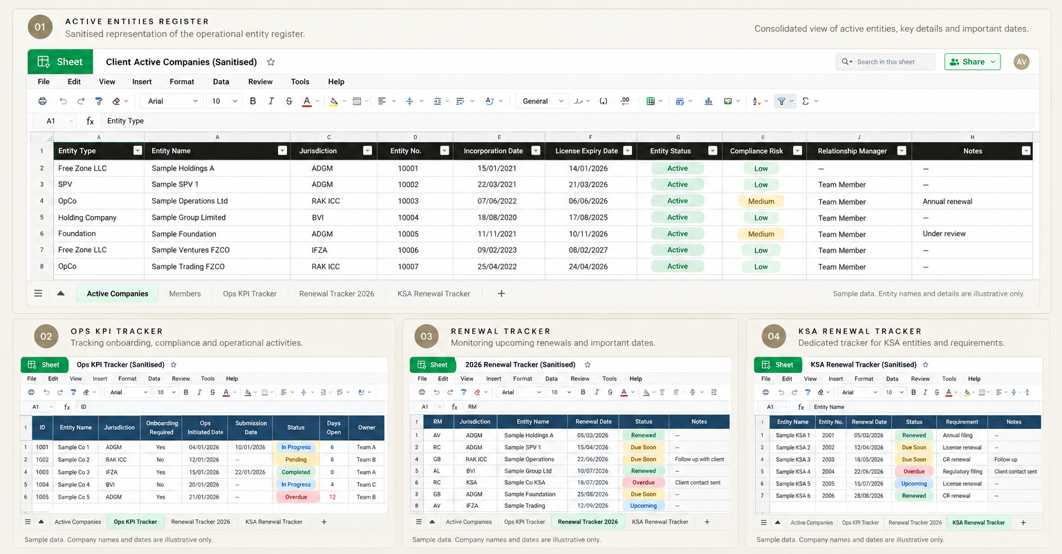 Sanitised sample spreadsheets showing entity registers, KPI and renewal trackers