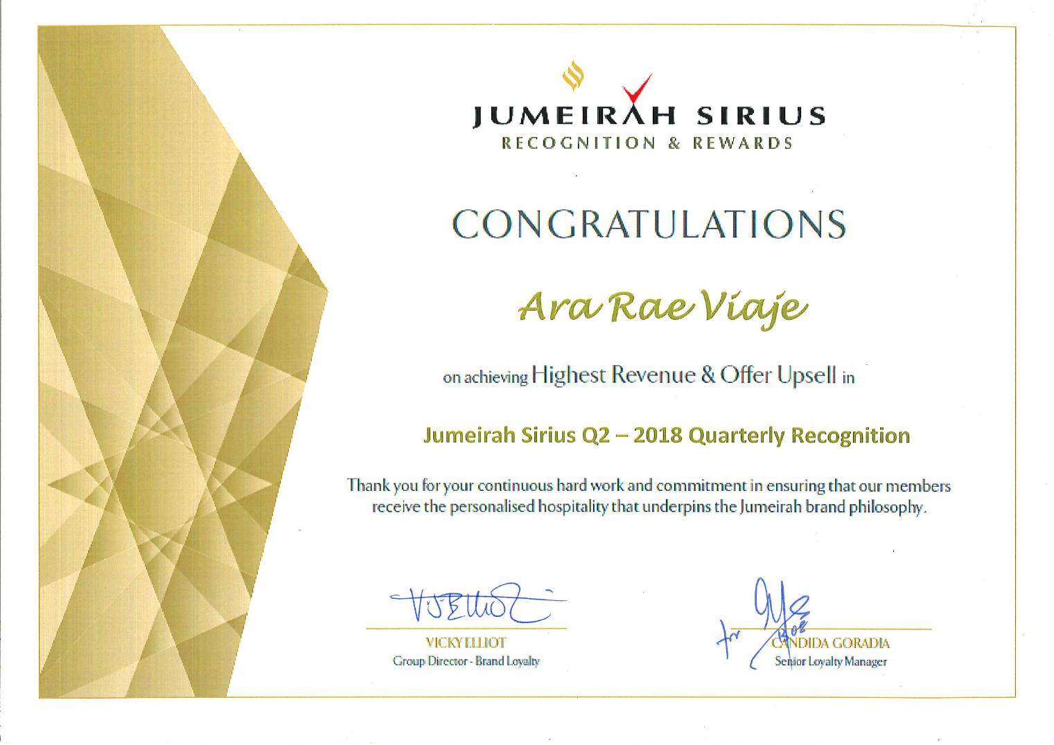 Jumeirah Sirius Q2 · 2018 recognition certificate