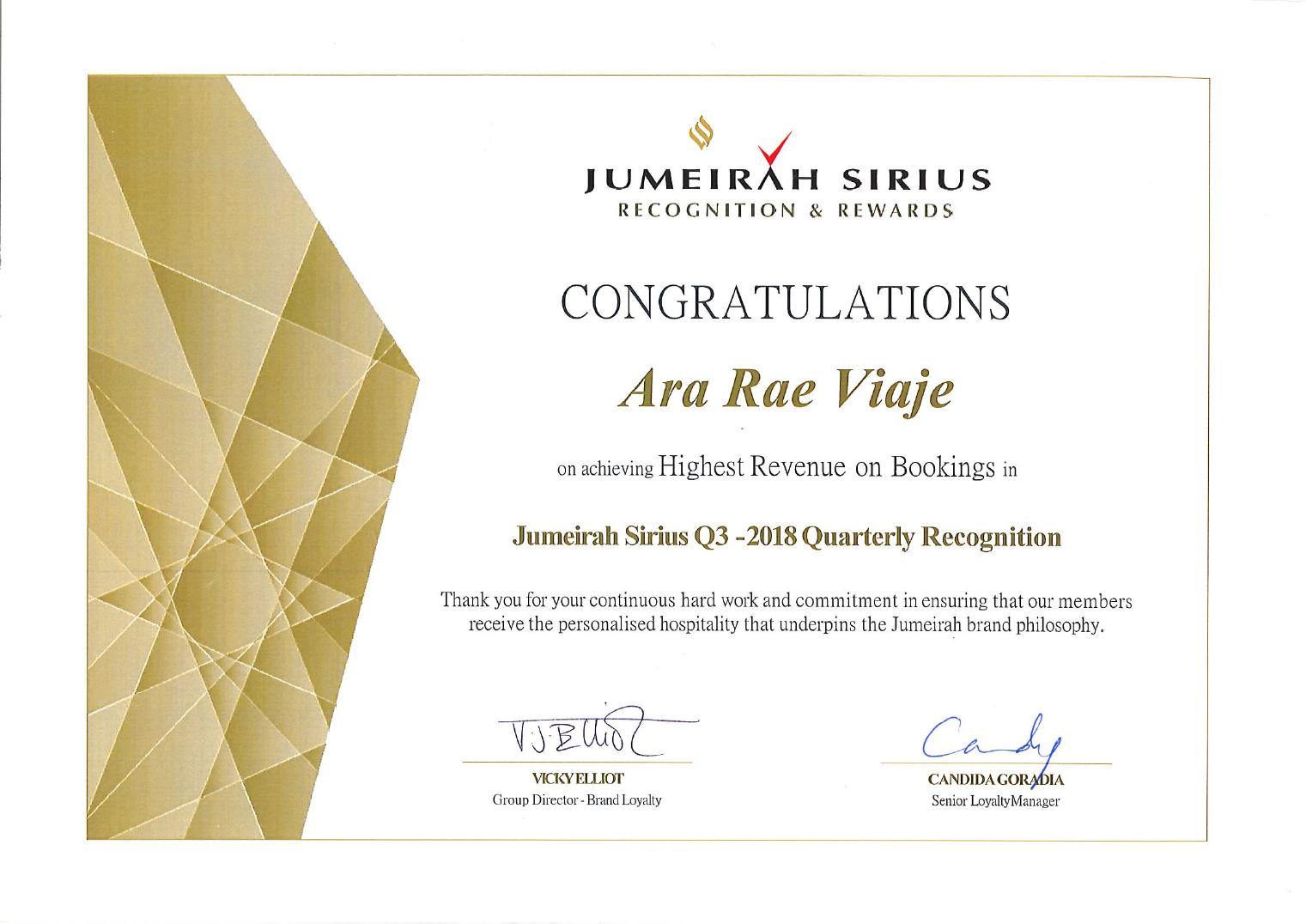 Jumeirah Sirius Q3 · 2018 recognition certificate