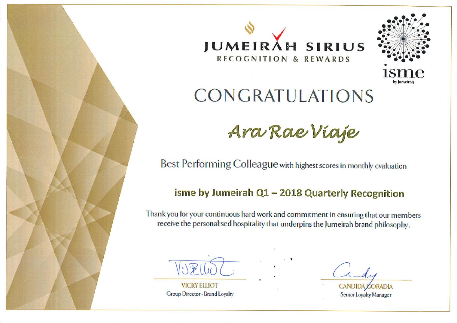 isme by Jumeirah Q1 · 2018 recognition certificate