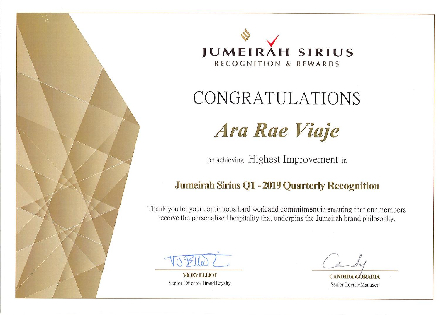 Jumeirah Sirius Q1 · 2019 recognition certificate