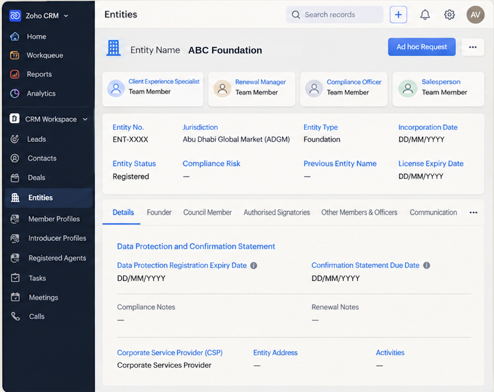 Entity record for ABC Foundation in the corporate services CRM