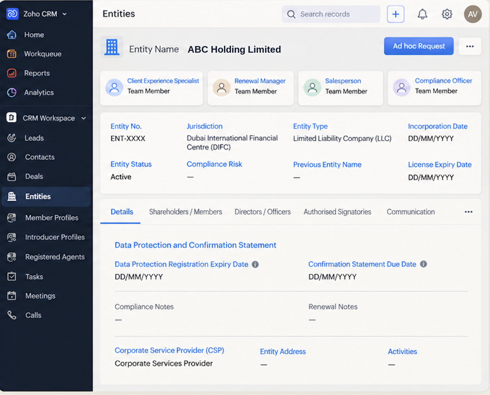 Entity record for ABC Holding Limited in the corporate services CRM