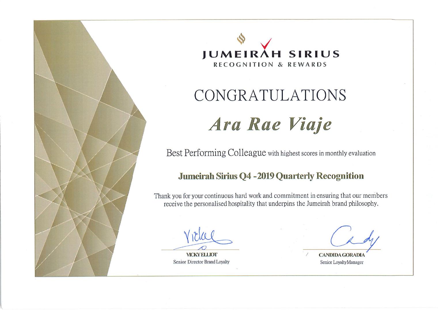 Jumeirah Sirius Q4 · 2019 recognition certificate