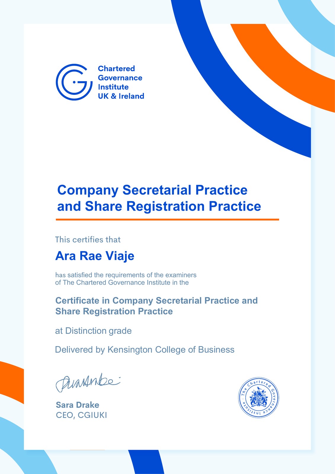 Certificate in Company Secretarial Practice and Share Registration Practice — Distinction
