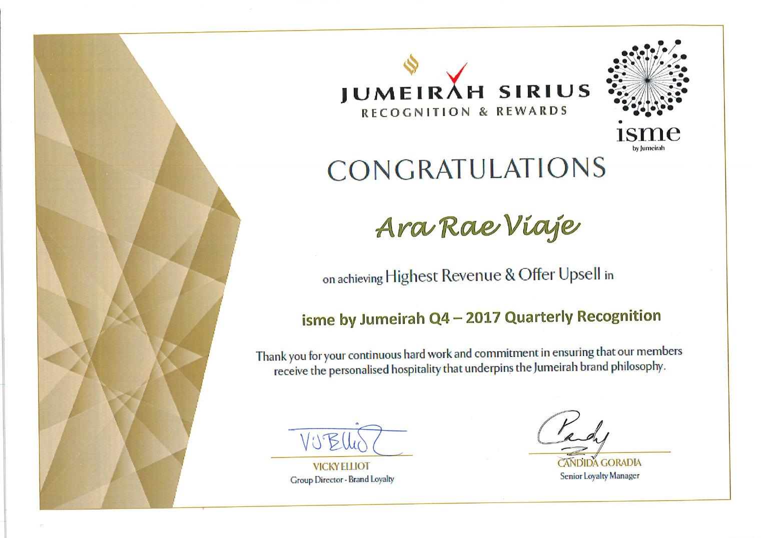 isme by Jumeirah Q4 · 2017 recognition certificate